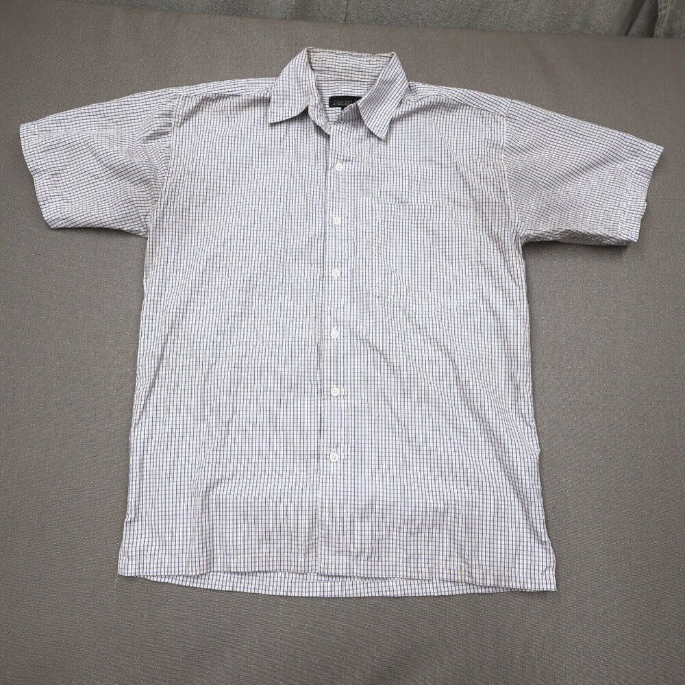 Mens Medium Daniel K Button Down Short Sleeve Shirt White Blue Check